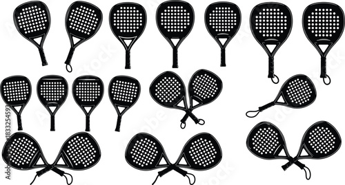 Padel Racket Silhouette Collection Featuring Upright, Tilted, and Crossed Designs for Sports Equipment Graphics, Branding, and Athletic Use