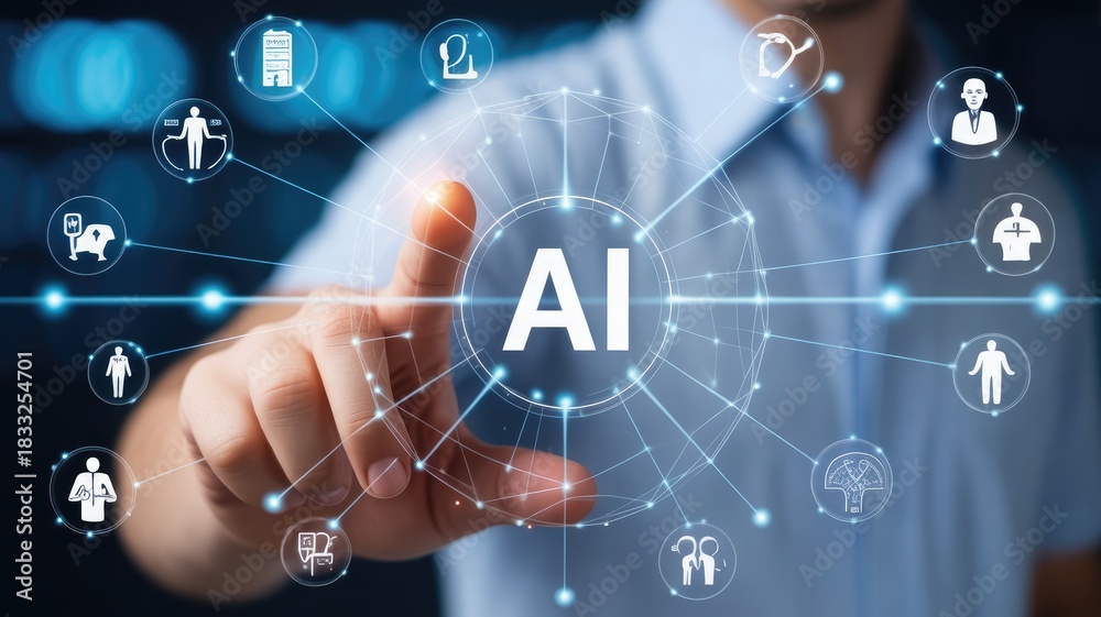 Fototapeta premium Business Professional Interacting with Futuristic Artificial Intelligence Interface Featuring Digital Network Icons and Advanced Technology Elements