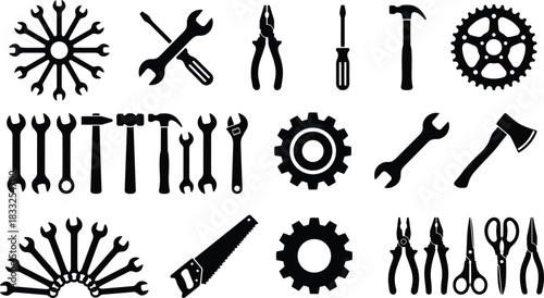 Set of Hand Tool Silhouettes Featuring Wrenches, Screwdrivers, Hammers, and Mechanical Icons for Construction, Repair, and Industrial Design Projects