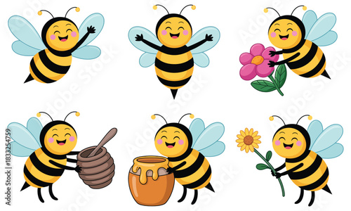 Cute Smiling Honey Bees In Flat Cartoon Vector Style Holding Honey Pots And Flowers In A Playful Spring Insect Illustration Set Designed For Kids Design, Creative Craft Assets, And Fun Decorative Artw