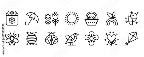 Delightful spring icon set featuring a calendar, umbrella, tulips, sun, basket, rainbow, bird, butterfly, ladybug, flower, heart, and kite