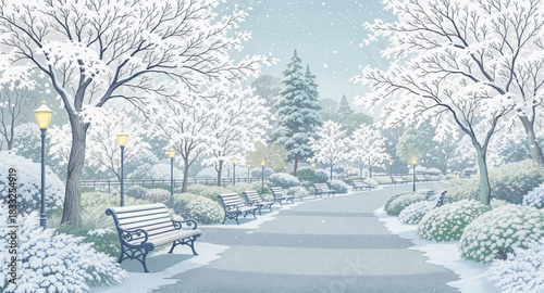 Peaceful snowy park path glowing in soft morning light. Quiet winter garden lined with frosted white trees. Calm snowy walkway shining under warm morning lamps
