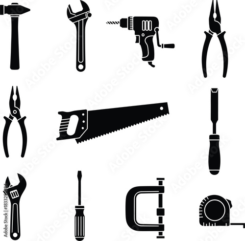 Handyman Tools Silhouette Icons Set Keywords: tools, hammer, wrench, drill, pliers, saw, chisel, screwdriver, clamp, tape measure, hand tool