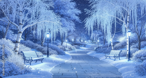Enchanted icy winter path glowing with soft blue lights. Magical snowy walkway lined with frosted hanging branches. Dreamy winter park illuminated by cool shimmering lamps