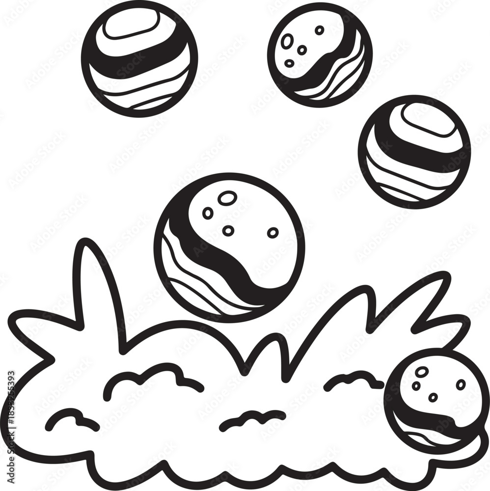 Fototapeta premium Illustration of cute cartoon black and white outline drawing of five planets with stripes and craters floating above a stylized cloud or ground element, perfect for coloring book page