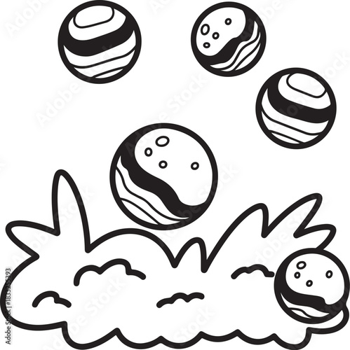 Illustration of cute cartoon black and white outline drawing of five planets with stripes and craters floating above a stylized cloud or ground element, perfect for coloring book page