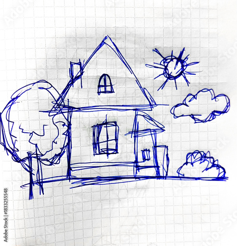 House and tree - a child's drawing drawn with a pen