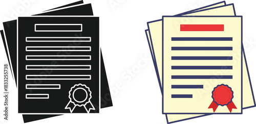 Two stacks of documents with seals one in color and one monochrome