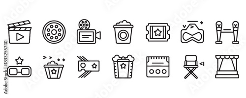 Movie themed icons, perfect for film festivals, cinema promotions, or entertainment industry designs with a modern, artistic, and minimal style