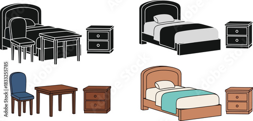 Illustrations of bedroom furniture including beds chairs and nightstands