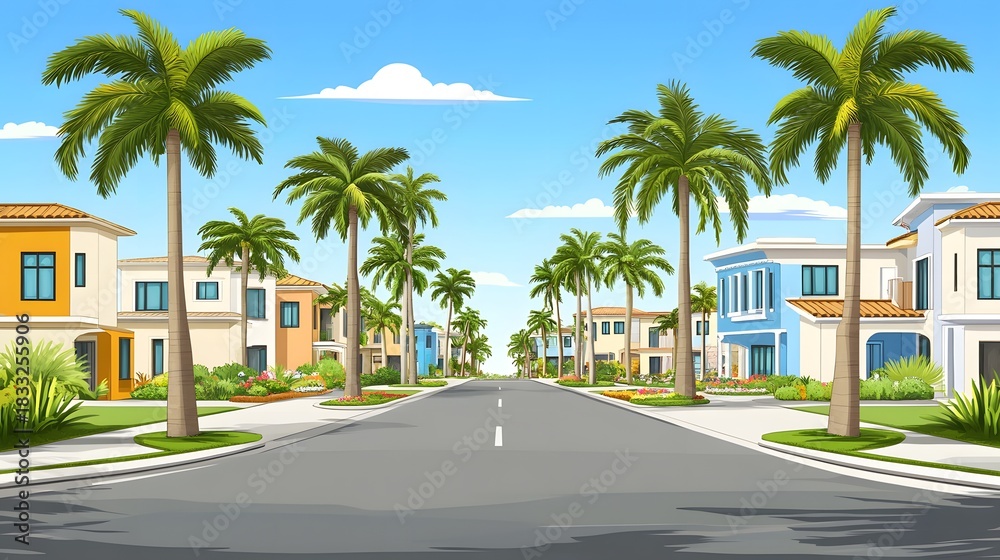 Obraz premium Colorful modern residential buildings line a paved street shaded by tall tropical palm trees