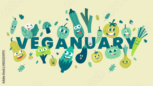Colorful Veganuary illustration with cute vegetable characters around bold text. Fun vector design for vegan campaigns, plant-based lifestyle, healthy eating and nutrition promotion.