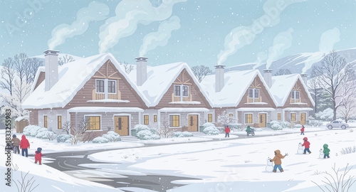 Snowy country homes filled with joyful winter play. Cozy village winter scene with children in the snow. Warm rural cottages surrounded by lively snowy fun