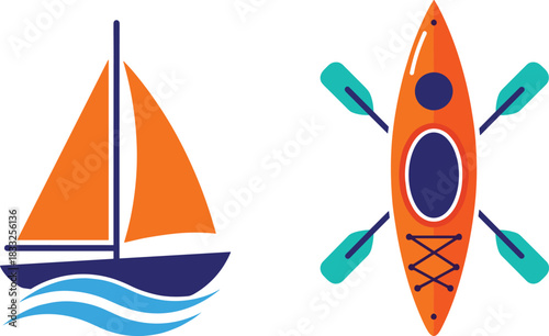 Summer Sailing Boat and Kayaking Flat Vector Icons Set, Featuring Orange and Blue Sailboat on Water Waves and Top View Kayak with Paddles for Adventure Sports.