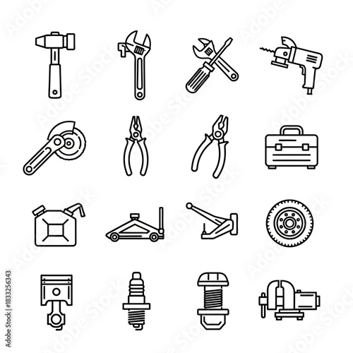 Set of various outline tools and car parts for repair and maintenance.