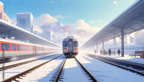 Winter train arriving with snowy mountains in the distance. Frosty railway station facing bright alpine peaks. Snow-covered tracks leading toward a winter mountain view
