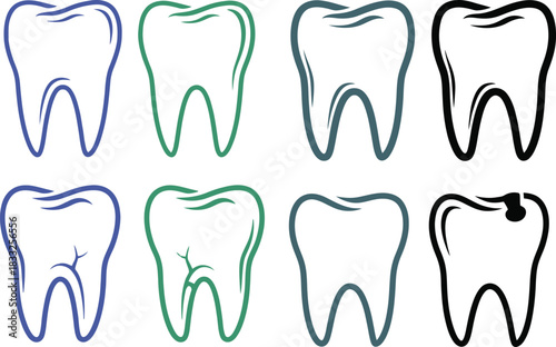 Collection of stylized tooth illustrations in various colors and conditions, highlighting dental health and hygiene concepts