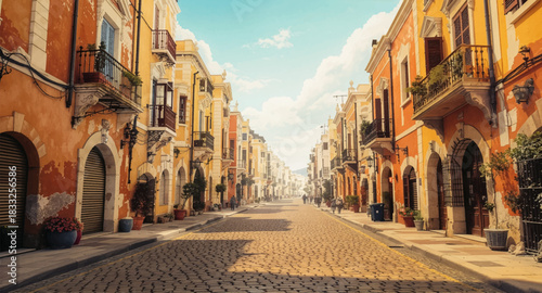 Sunny Mediterranean street lined with colorful buildings. Warm cobblestone avenue glowing under bright afternoon sun. Vibrant old-town street filled with warm architectural tones