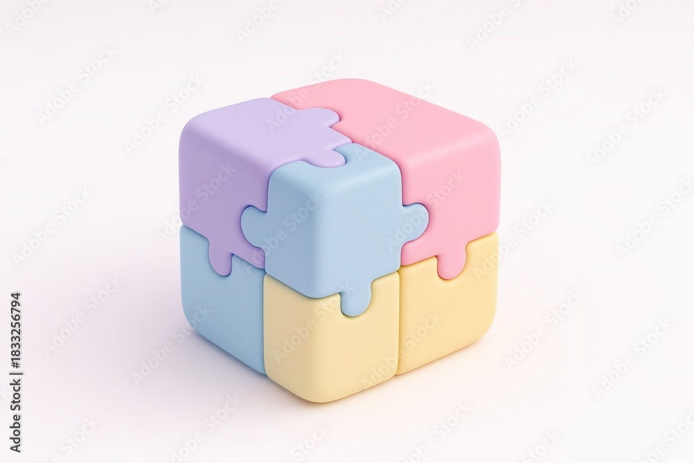Obraz premium Color Puzzle Cube: A close-up shot of a pastel-colored puzzle cube, showcasing its intricate design and the satisfaction of assembling the perfectly fit pieces.