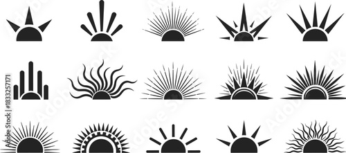 Collection of Diverse Sunburst and Sunrise Icons Representing Light, Energy, and New Beginnings