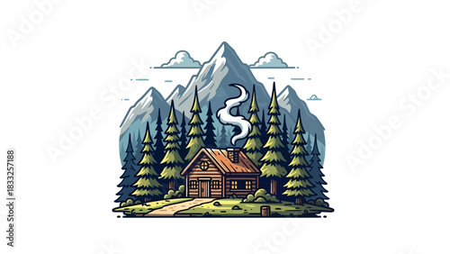 Cozy cabin nestled among pine trees with majestic mountains in the background