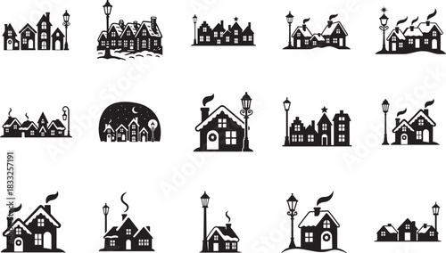 Christmas village houses with street lamps, festive silhouette vector EPS set.
