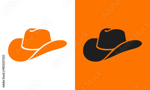 Two cowboy hats one orange and one black silhouette on split background