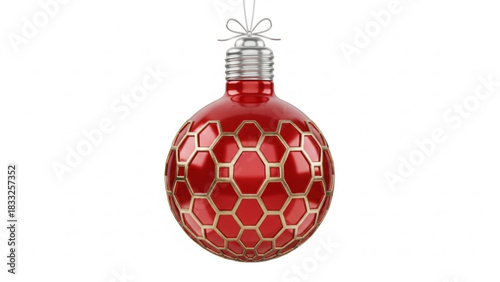 A single shiny red christmas ornament with a geometric gold honeycomb pattern hangs suspended against a clean white background ready for holiday decoration