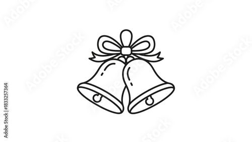 A simple line art illustration of two wedding bells tied together with a bow symbolizing celebration and union