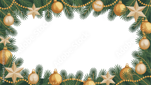 Elegant Christmas vector border featuring pine branches, golden baubles, stars, and bead garlands. Festive evergreen frame design perfect for cards, invitations, and holiday layouts