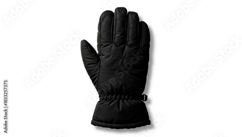 A single black padded winter glove is shown on a white background with a shadow perfect for cold weather activities and protection