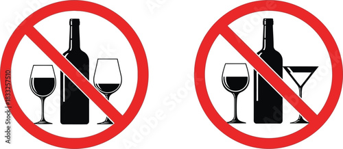 No Alcohol Signs Prohibited Drink, Bottle, Glass, Prohibition Symbol Icon