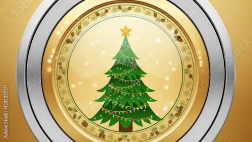Festive christmas tree with star and lights inside a decorative golden circular frame with snowflakes and pine cones on a warm golden background