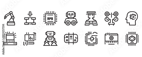 Modern line art icons showcasing the future of technology, robotics, AI, and automation for innovative business solutions and cutting-edge design