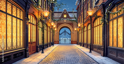 Warm-lit winter corridor with elegant vintage storefronts. Cozy glowing alley decorated for a festive winter evening. Golden-lit passageway shining through snowy night air