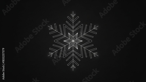 A minimalist geometric white snowflake design with sharp lines and a symmetrical pattern against a solid black background representing winter and cold