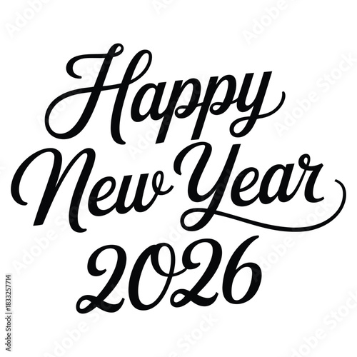 Elegant “Happy New Year 2026” Handwritten Calligraphy Typography in Black Script Style for Seasonal Greeting Cards, Posters, and Celebration Designs