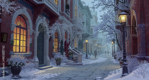 Warm-lit snowy street glowing on a peaceful winter night. Cozy winter evening with glowing lamps and frosted homes. Quiet snowy night street illuminated by warm lights