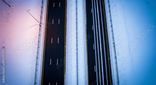 Snow-Cleared Highway Through Fresh Snow — Winter Aerial Top View