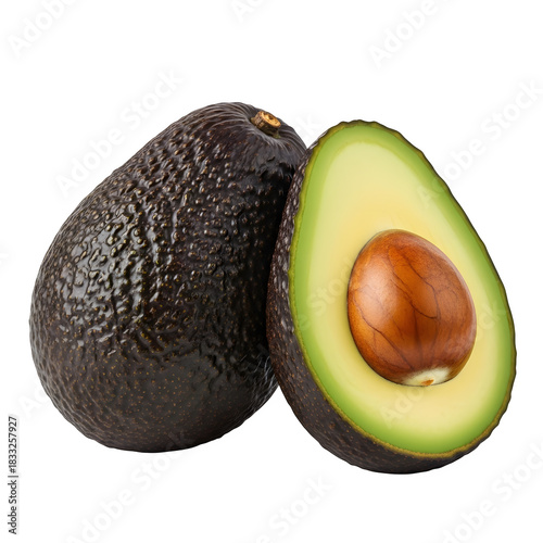 Fresh avocado whole and half isolated on transparent background