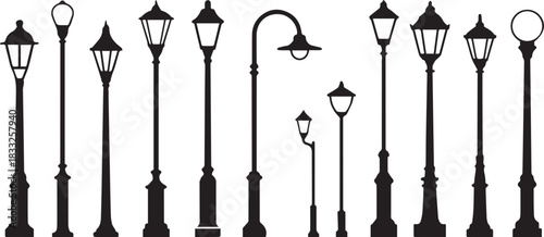 Various vintage lampposts silhouettes street light