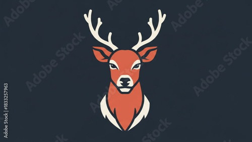 Stylized minimalist illustration of a majestic stag head with large antlers and striking eyes against a dark navy blue background evoking nature and wilderness themes