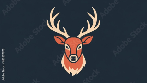 Stylized illustration of a majestic stag s head with prominent antlers rendered in warm orange and cream tones against a deep navy blue background