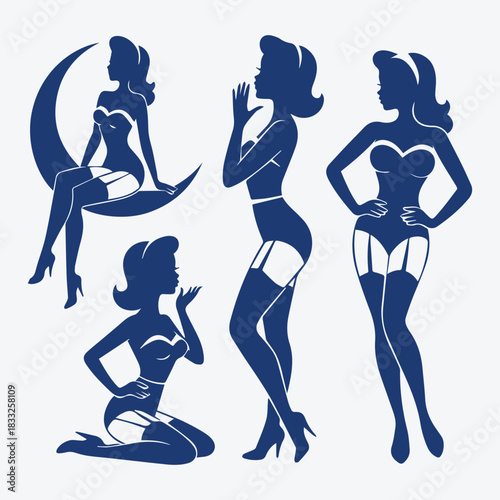 Retro Pinup Women Black and White Silhouette Collection