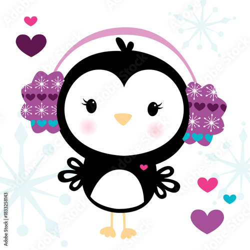 Cute winter penguin vector illustration with hearts, snowflakes and patterned ear muffs on a white background. Apparel graphic artwork.