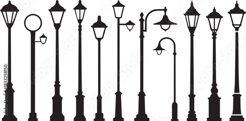 Various vintage lampposts silhouettes street light