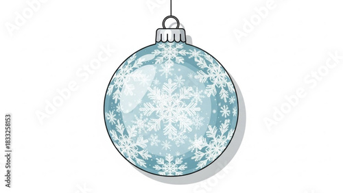 A single pale blue christmas ornament adorned with intricate white snowflakes hangs against a clean white background evoking a winter holiday theme
