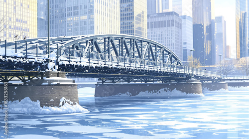 Industrial steel bridge over a frozen winter river. Icy river flowing beneath a snowy metal city bridge. Frosty steel structure crossing a wintery waterway. Frozen bridge scene framed