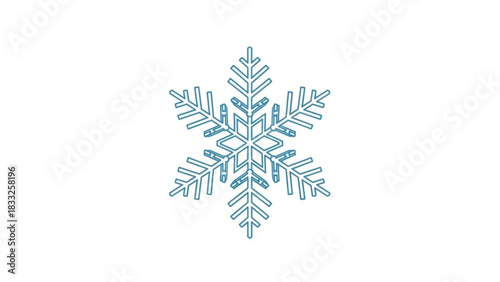 A single stylized blue snowflake with intricate geometric patterns and sharp symmetrical branches is isolated on a clean white background representing winter and cold