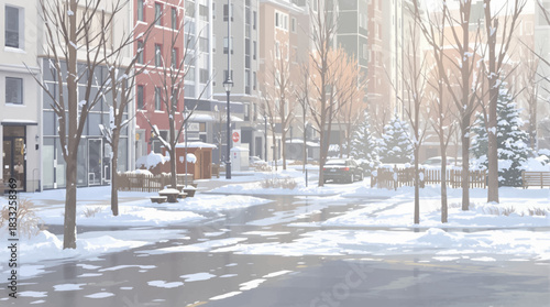 Soft morning light over a snowy modern city courtyard. Peaceful urban square covered in gentle winter snow. Bright snowy plaza surrounded by tall contemporary buildings